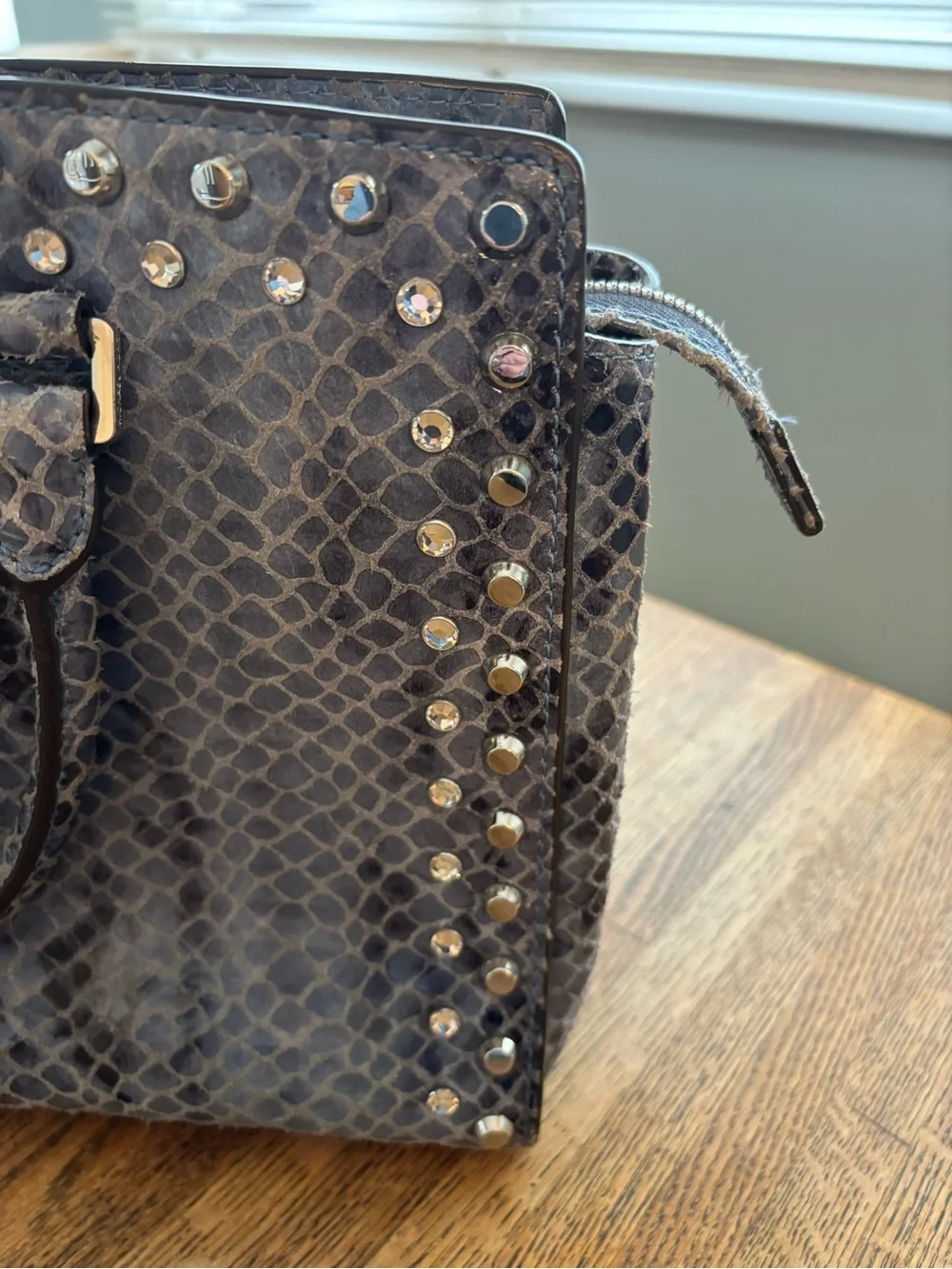 Michael Kors Snake-Embossed Jeweled Studded “Selma” Bag in Gray